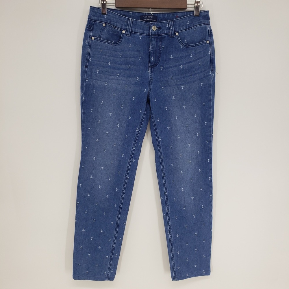 Talbots Anchor Print Ankle Jeans 4 Mid Rise Blue Nautical Simply Flattering Slim